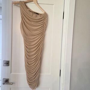 PrettyGarden Nude One Shoulder Ruched Bodycon Snatched Silhouette Evening  Dress